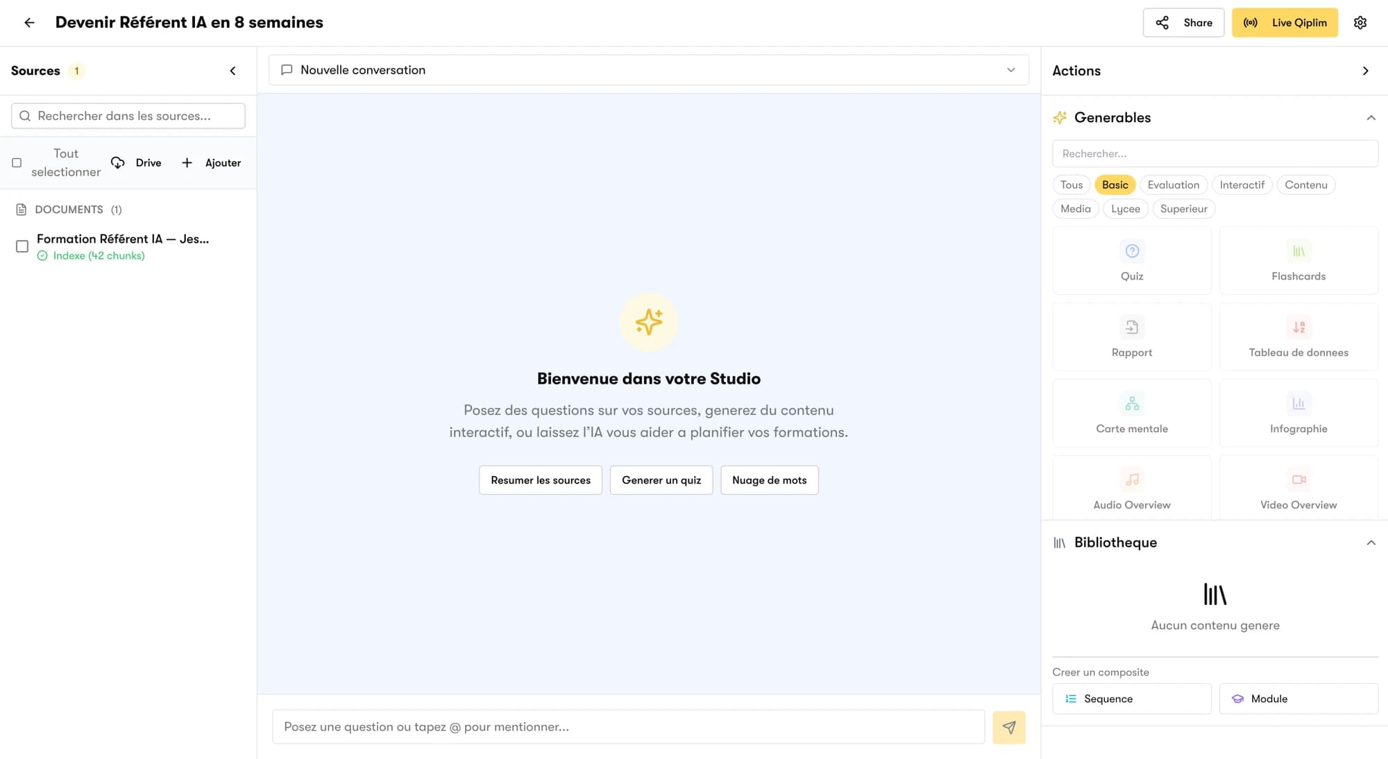 Interface Qiplim Studio : l’assistant IA branché sur les sources d’un cours