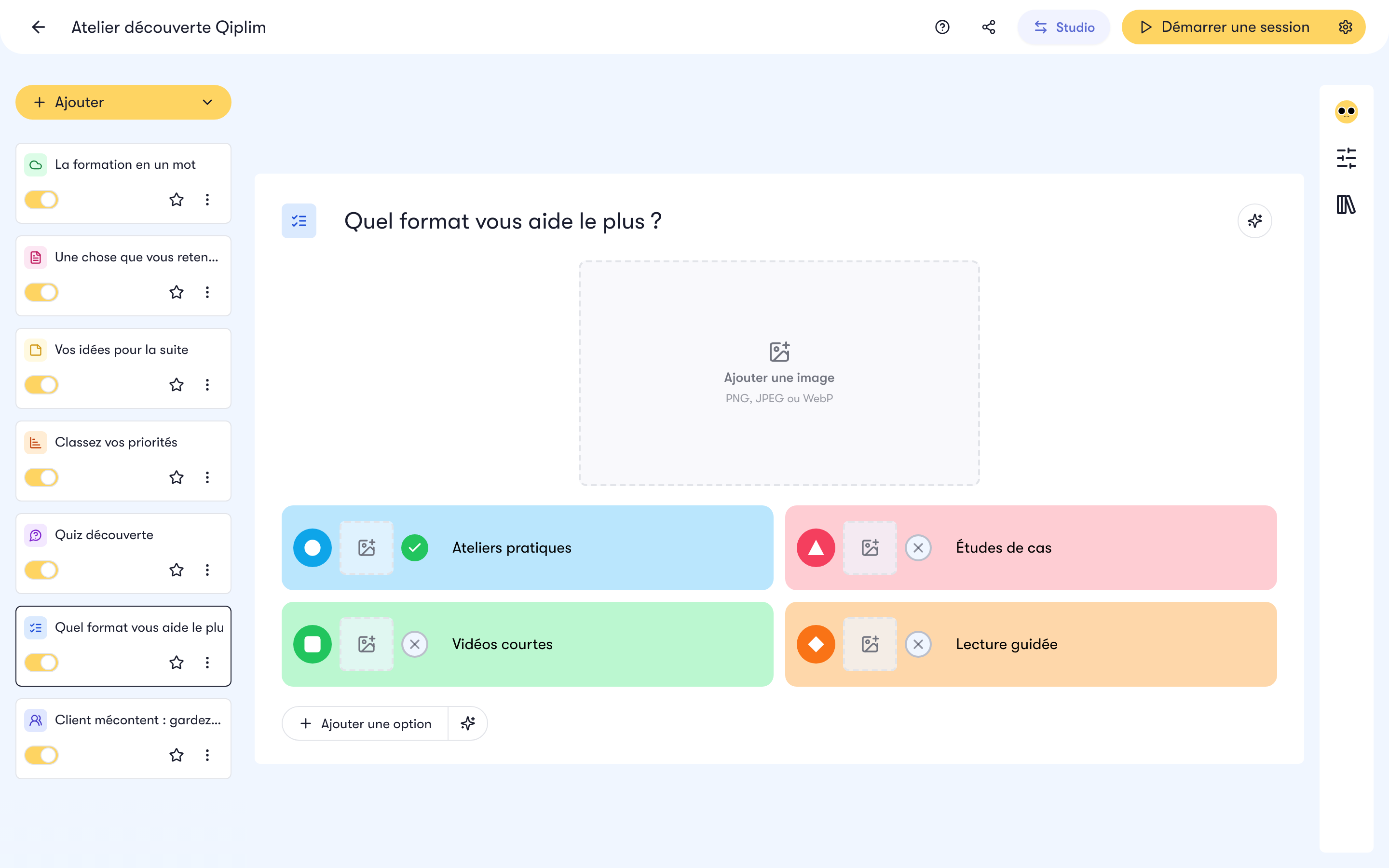 L'éditeur sur une activité choix multiple