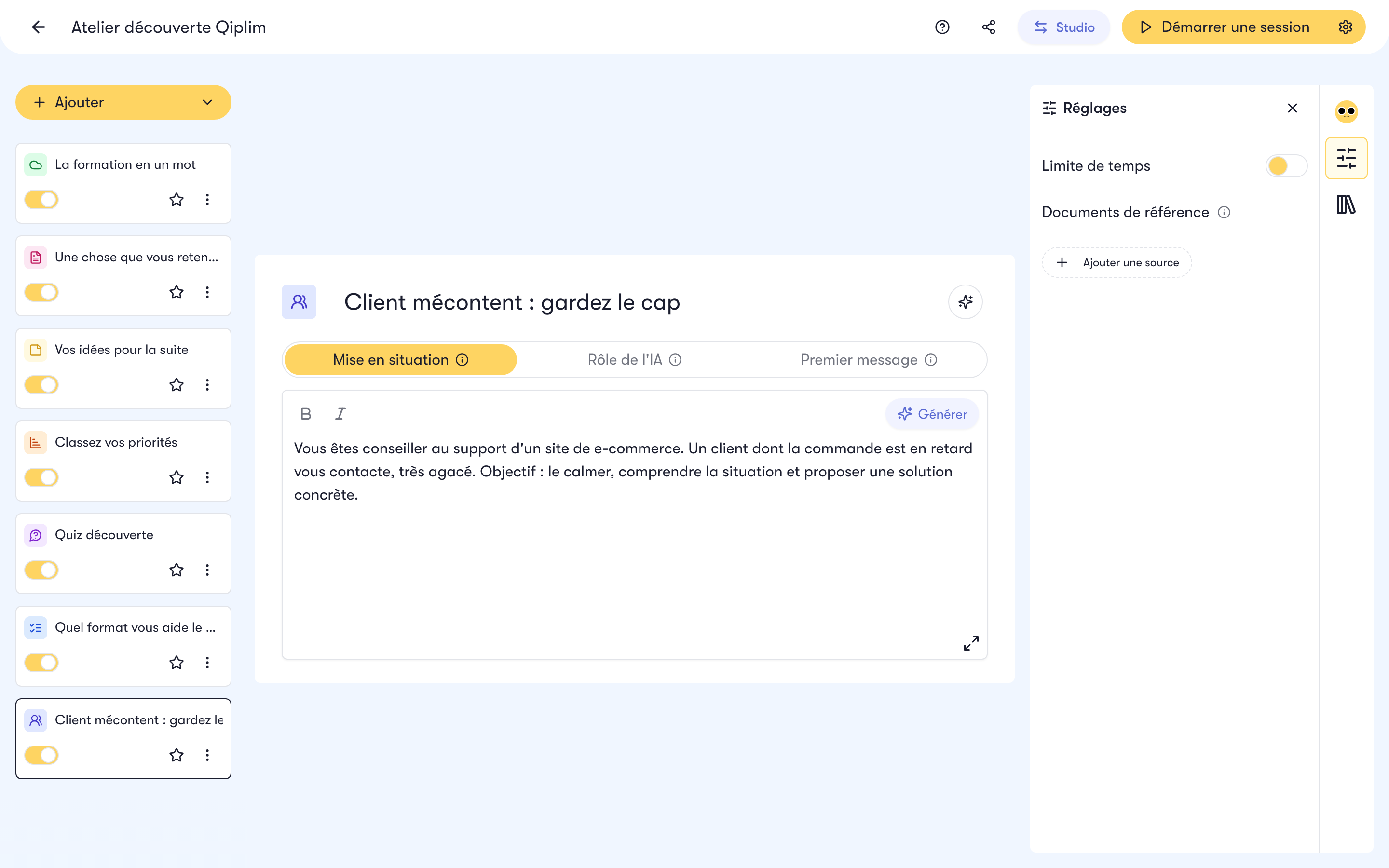 Le panneau Réglages d'un jeu de rôle dans l'éditeur