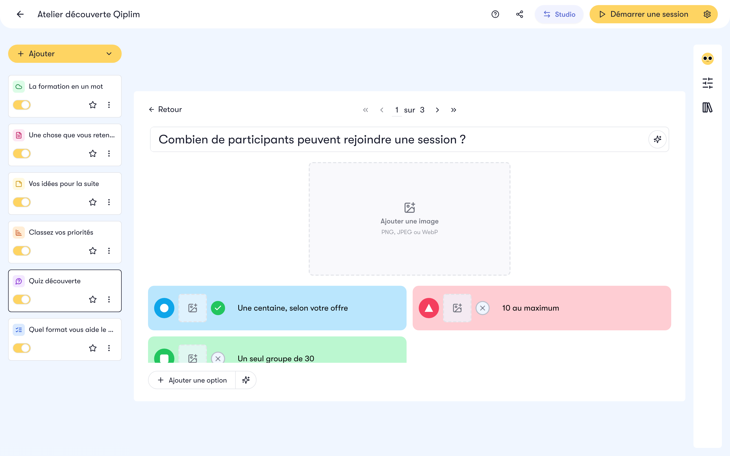 L'éditeur sur un quiz de plusieurs questions