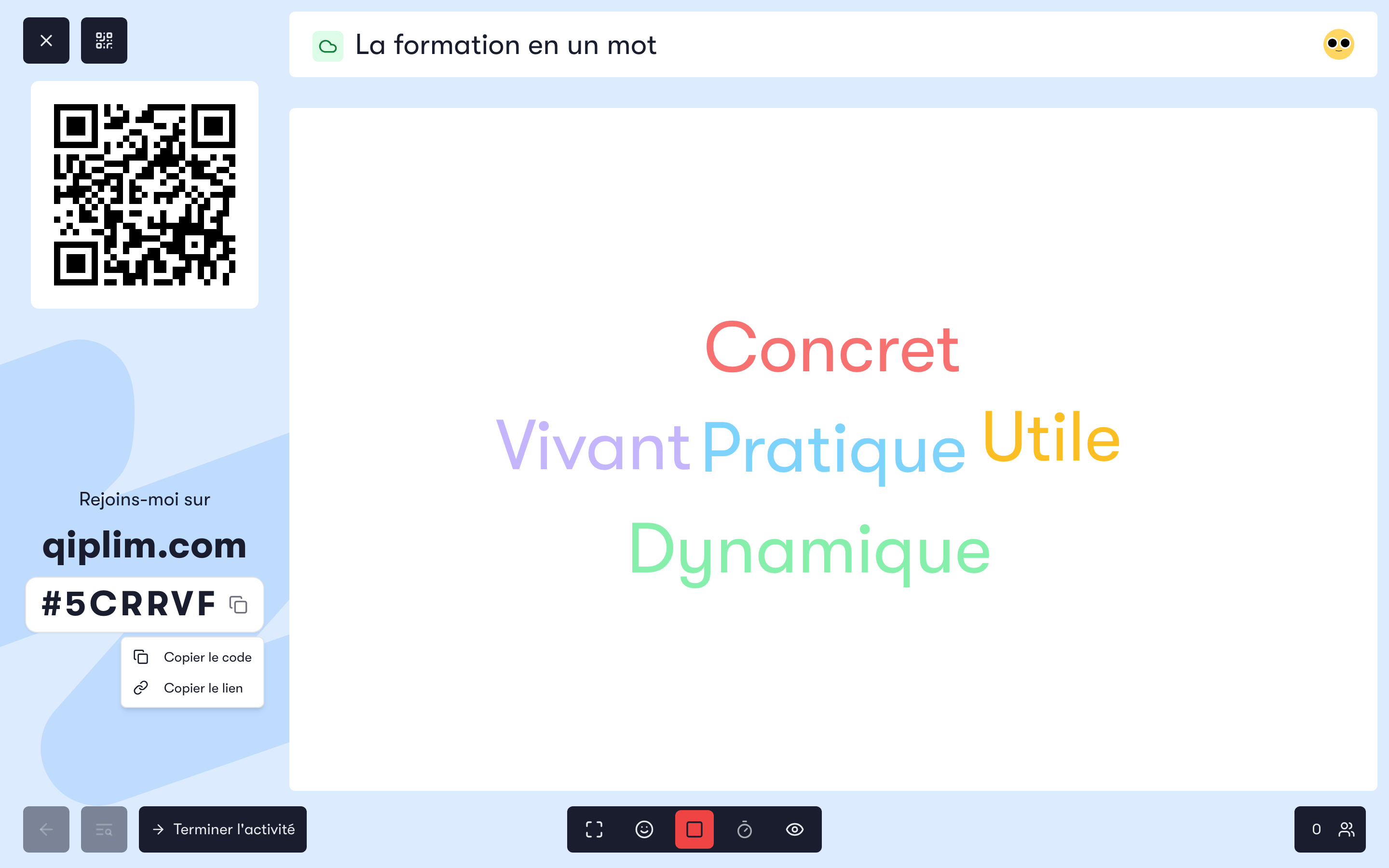 La pastille code ouverte pendant une session
