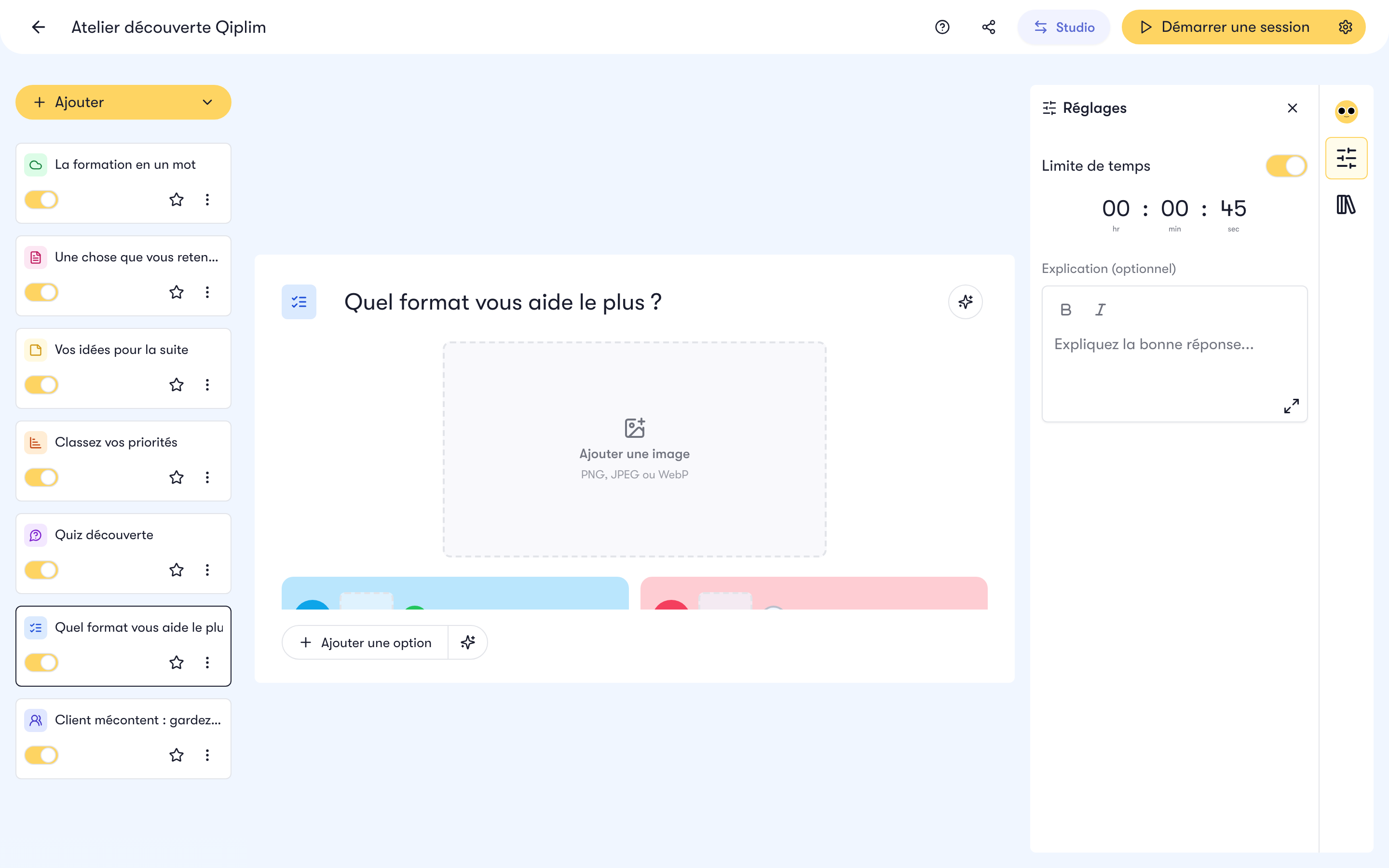 Le panneau Réglages ouvert sur une activité dans l'éditeur