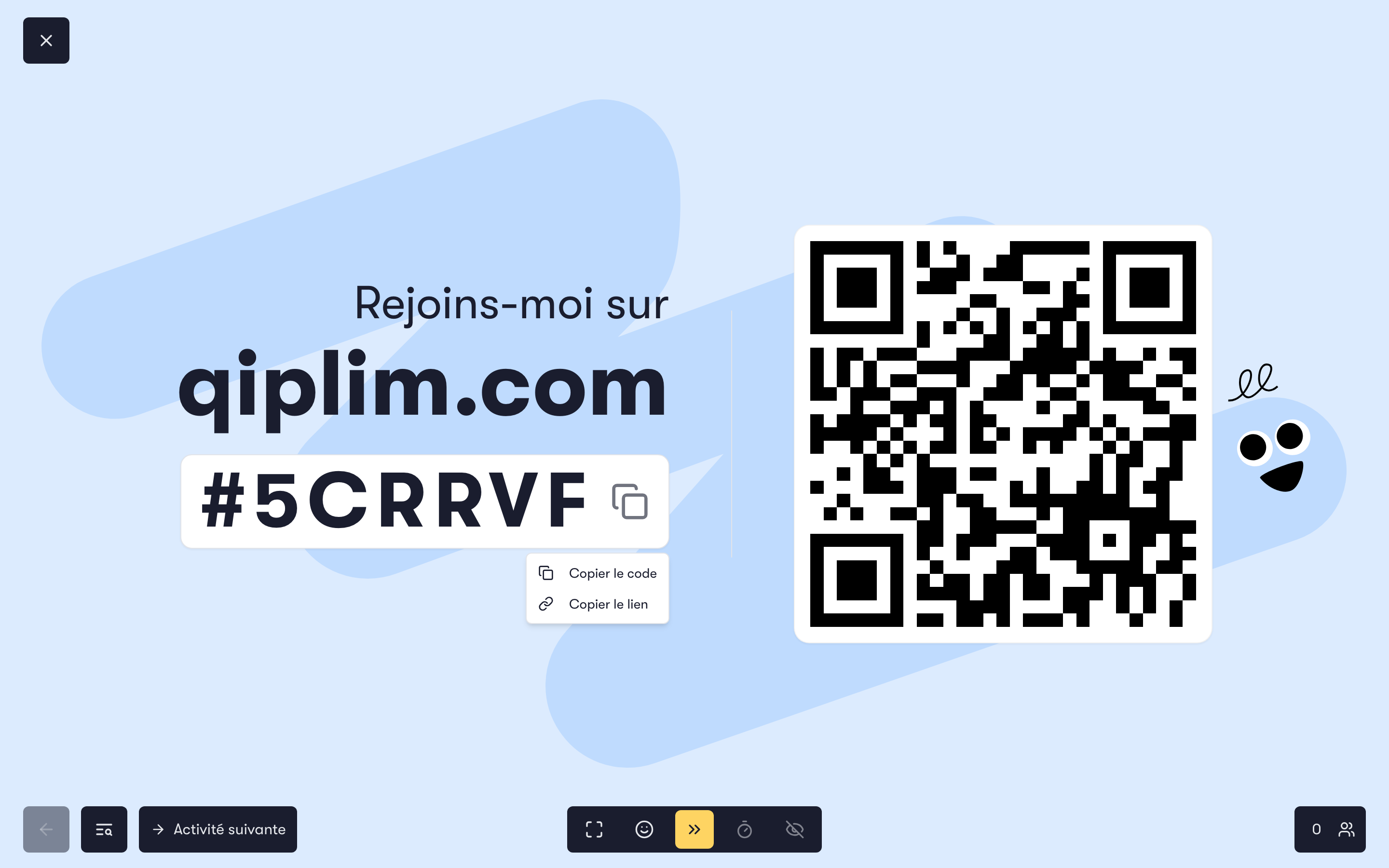 Les options de copie du code ouvertes sur l'écran d'attente