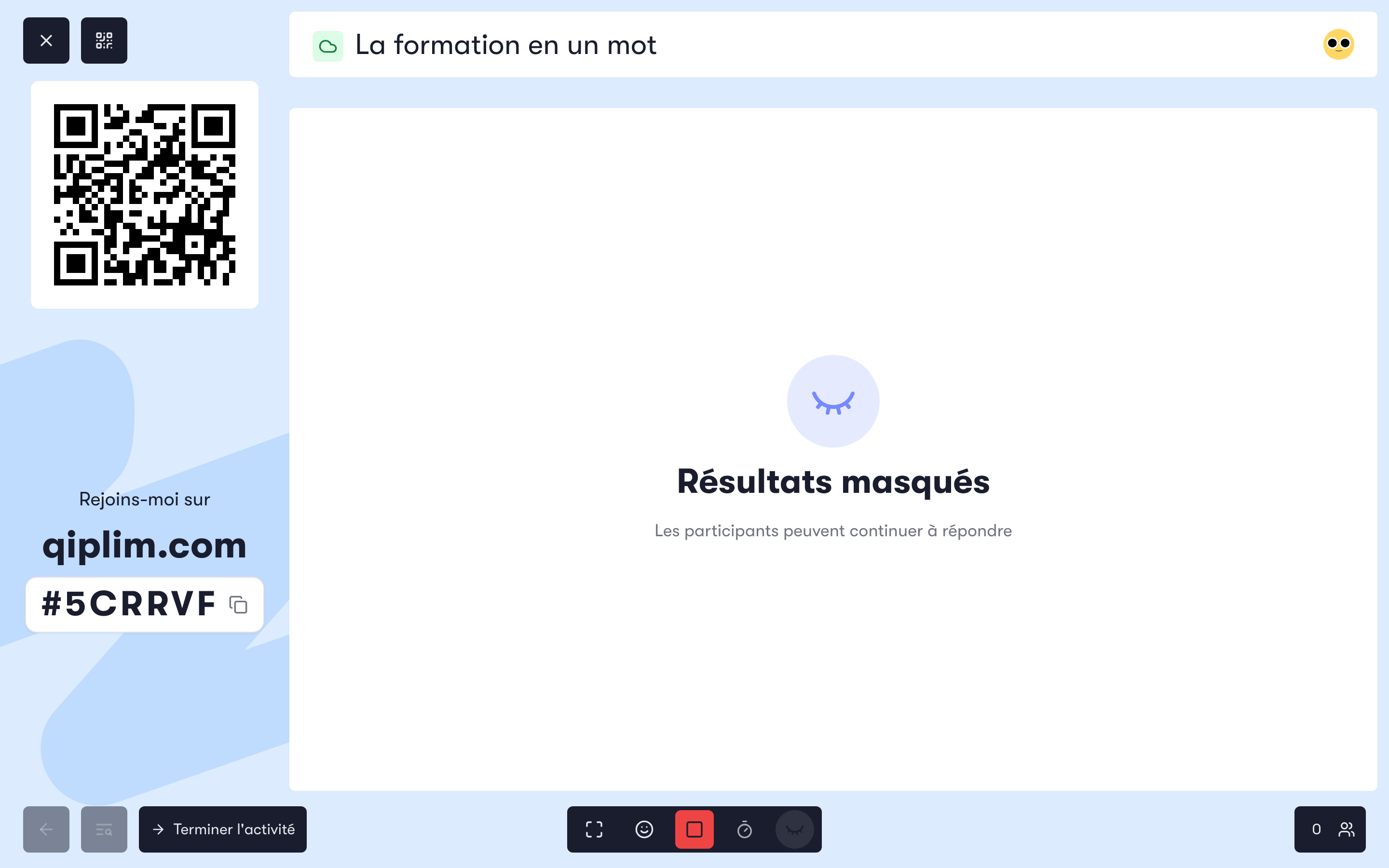 L'écran de projection avec les résultats masqués