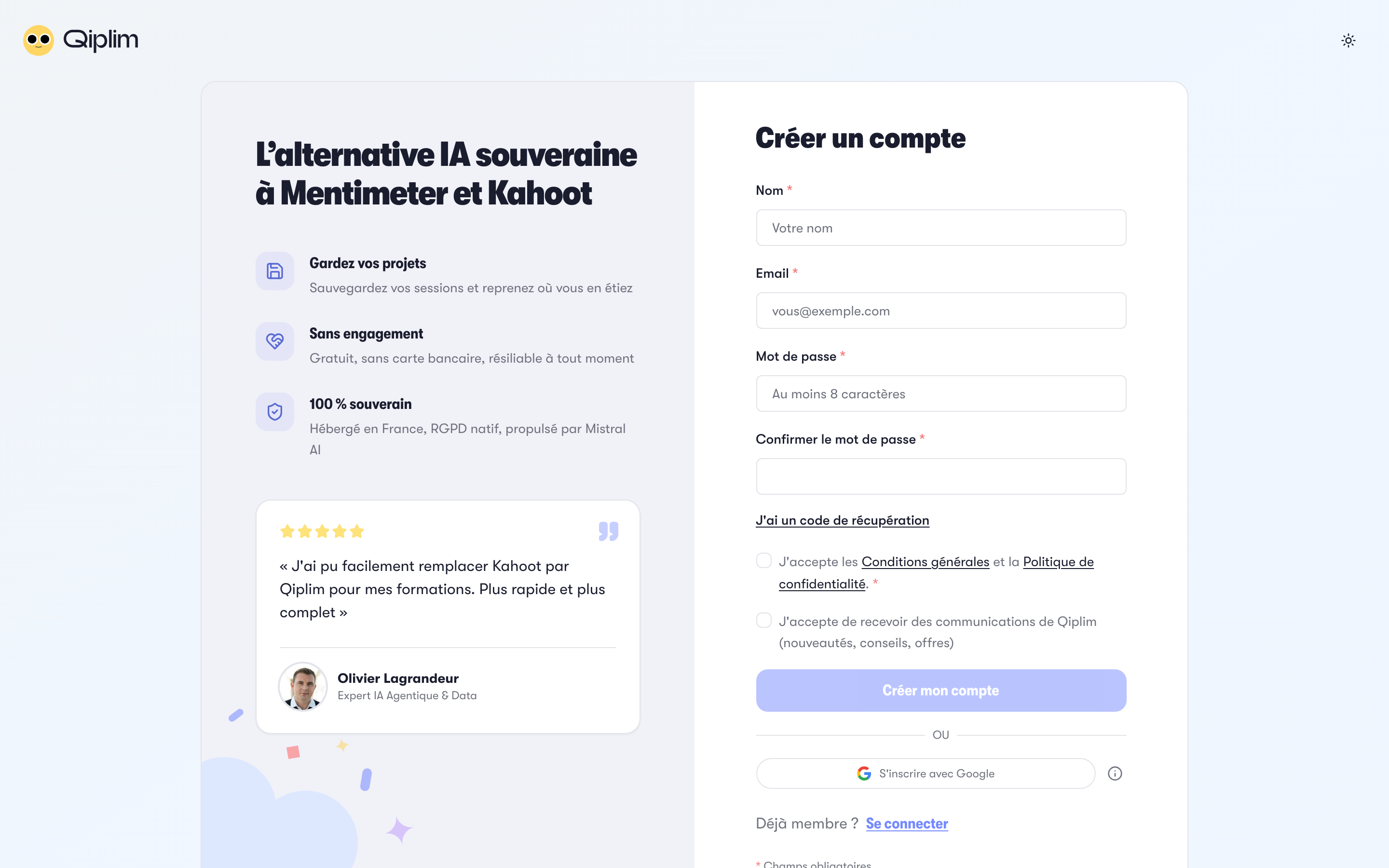 La page d'inscription Qiplim