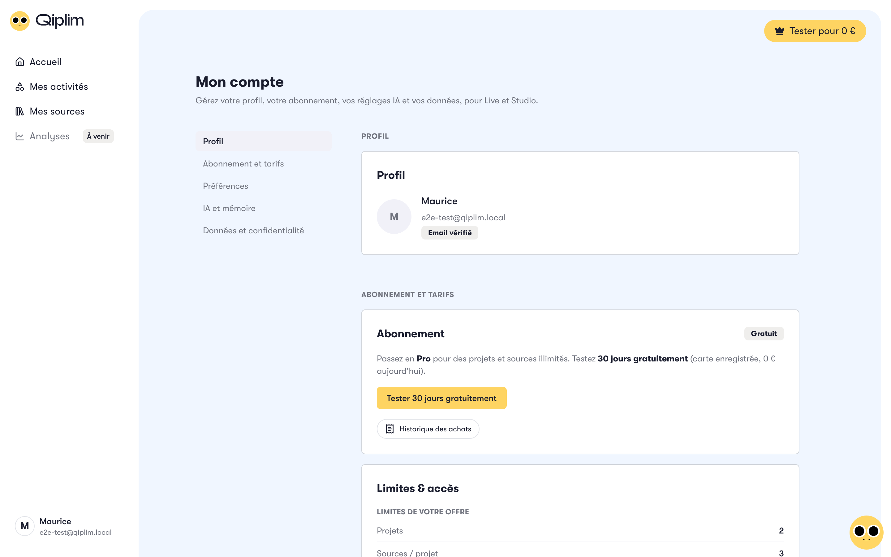 La page Mon compte avec sa sous-navigation et la carte Profil