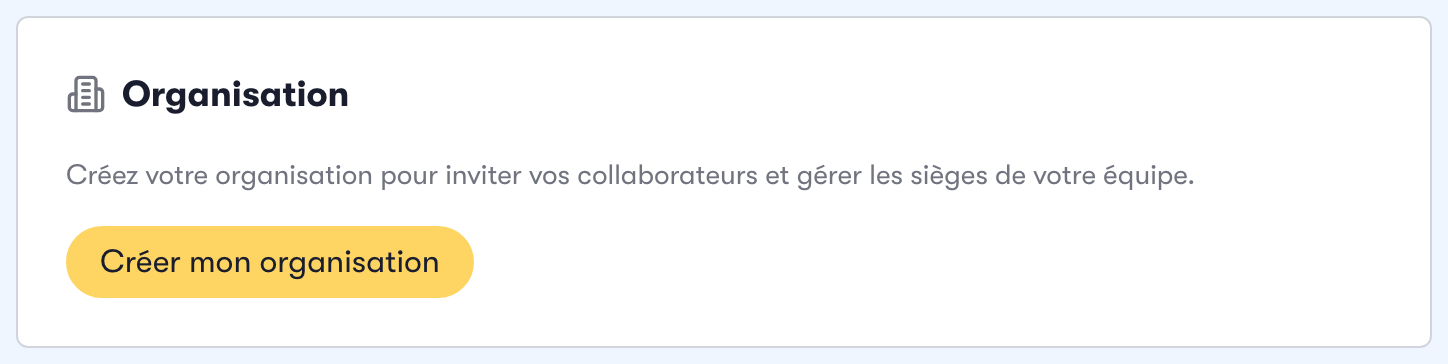 La carte Organisation sur la page Mon compte