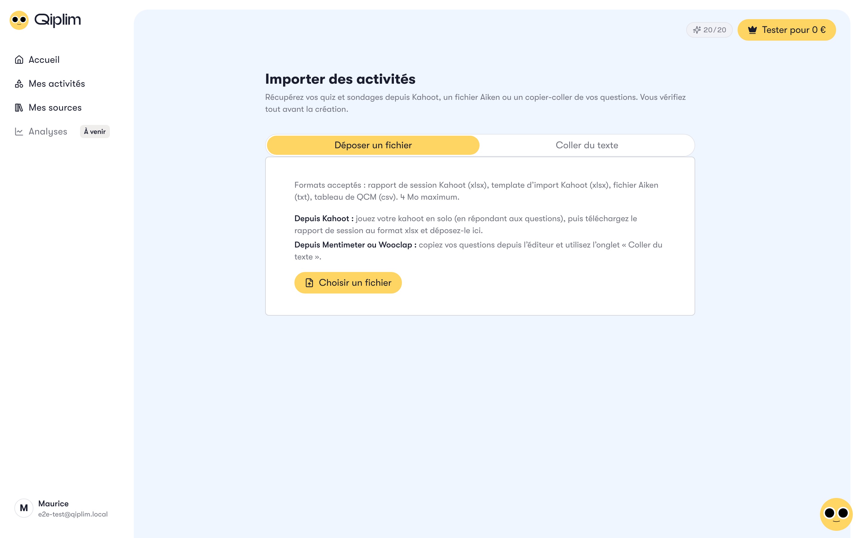L'assistant d'import, onglet Déposer un fichier, avec le guide Kahoot