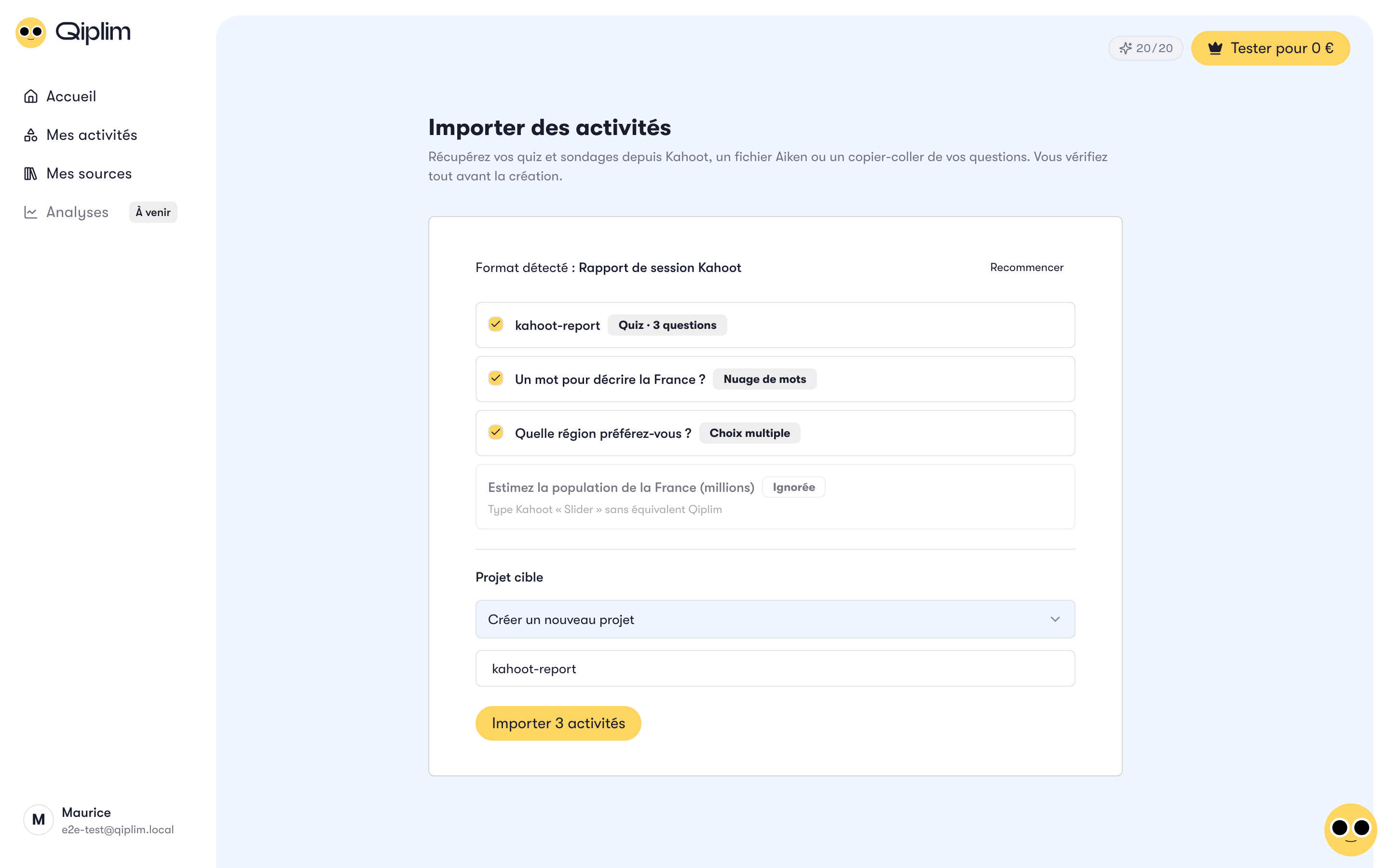 La prévisualisation d'un import Kahoot avec les types détectés