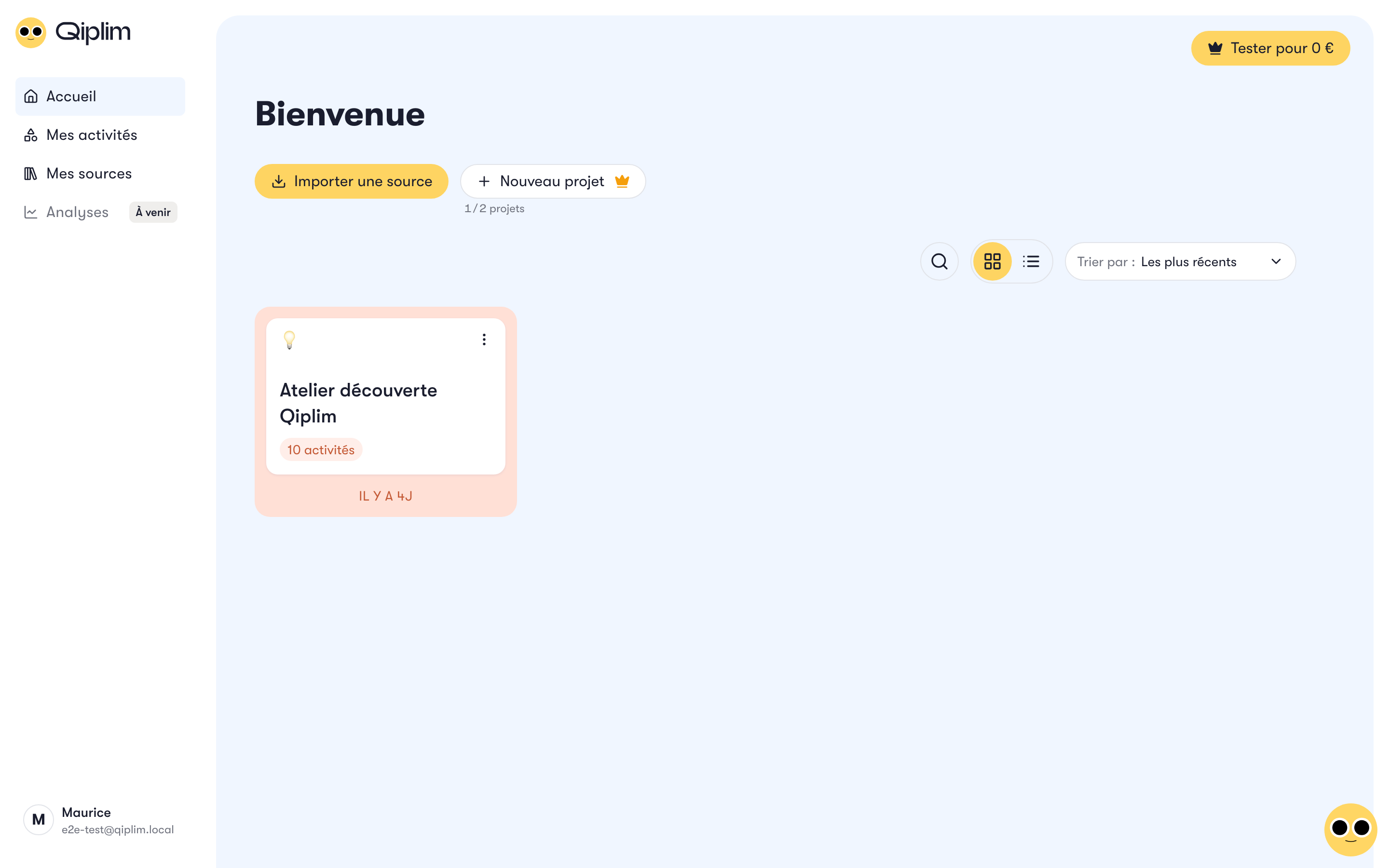 Le tableau de bord avec le bouton Nouveau projet