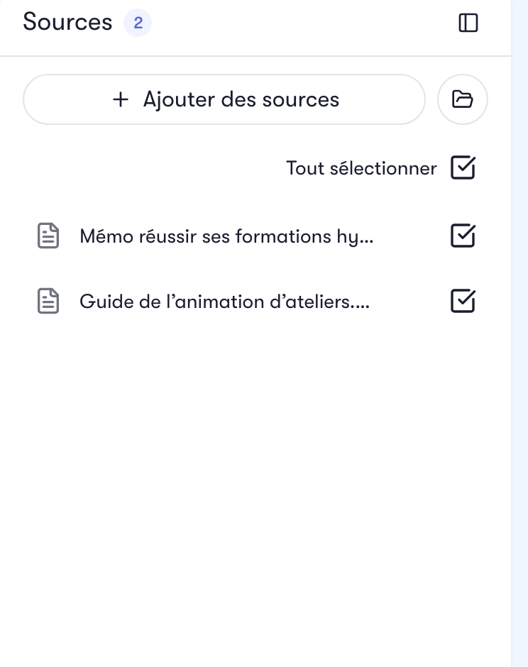 Le panneau des sources avec deux documents indexés