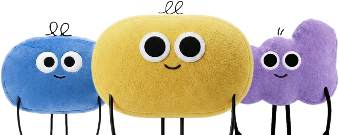 Les trois mascottes Qiplim en peluche, la jaune souriante au centre